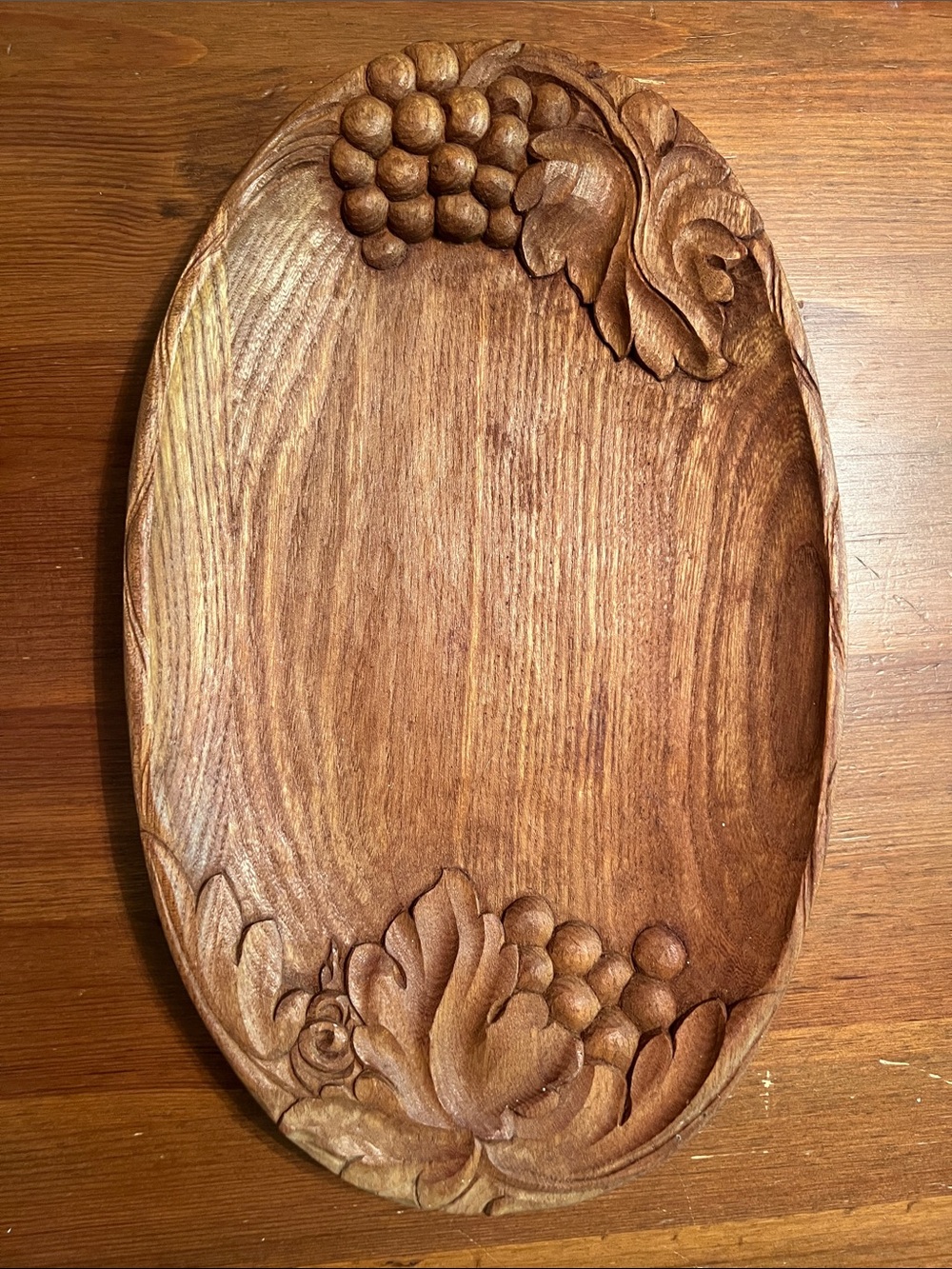 Hand-Carved Brown Wooden Serving Platter with Grape Motif German MCM